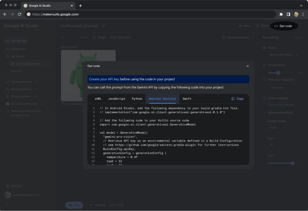 Generate Kotlin code for the Gemini API in Google AI Studio